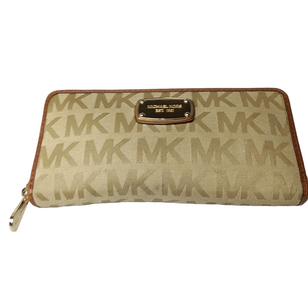 Michael Kors Continental Travel Wallet Signature MK Brown Zip Clutch Purse